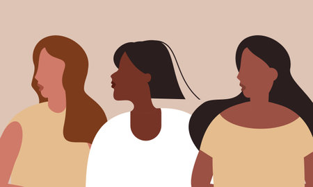 Female diverse faces of different ethnicity poster. Women empowerment movement. International women dayのイラスト素材