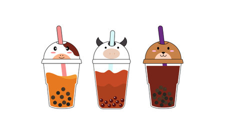 Set kawaii bubble tea with animal faces vectorのイラスト素材