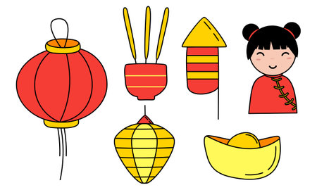 Happy chinese new year cartoon sketch celebration elementsのイラスト素材
