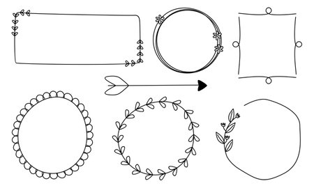 Retro line drawing frames, ribbons, florals,decorations and plantsのイラスト素材