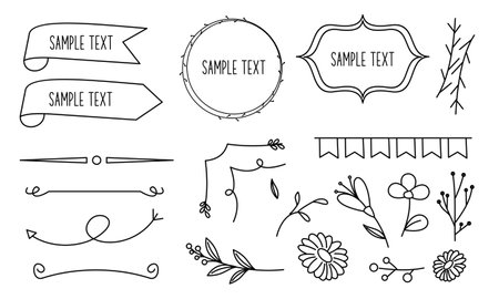 Retro line drawing frames, ribbons, florals,decorations and plantsの写真素材