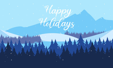 Blue mountains winter snowy landscape with hand lettering of Happy Holidays and pines on foregroundのイラスト素材