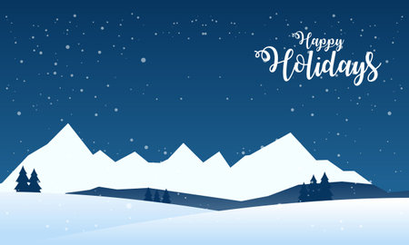 Blue mountains winter snowy landscape with hand lettering of Happy Holidays and pines on foregroundのイラスト素材