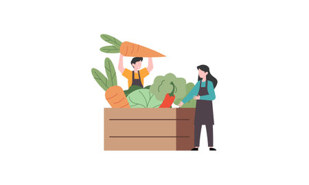 Tiny farmers and selling fresh farm vegetables to buyer illustration conceptのイラスト素材