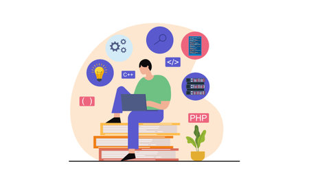 Man programmer is working on his laptop. Coding and programming.のイラスト素材