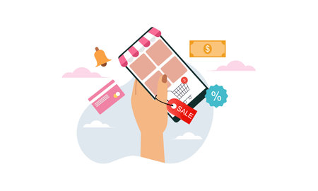 Online shopping 3d illustration, online shop, online payment and delivery concept with floating elemのイラスト素材