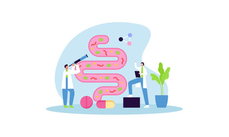 Tiny doctors examining gut flora, health concept illustrationのイラスト素材