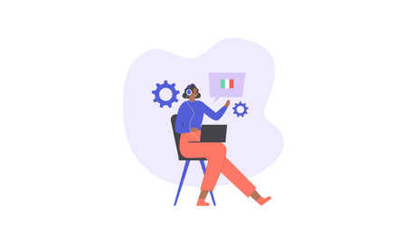 Young teen learns foreign language in online course cartoonのイラスト素材