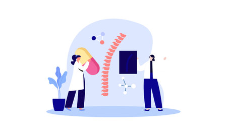 Tiny doctors examining spine bones of patient illustration. Health, treatment, osteopathy, anatomy cのイラスト素材