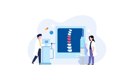 Tiny doctors examining spine bones of patient illustration. Health, treatment, osteopathy, anatomy cのイラスト素材