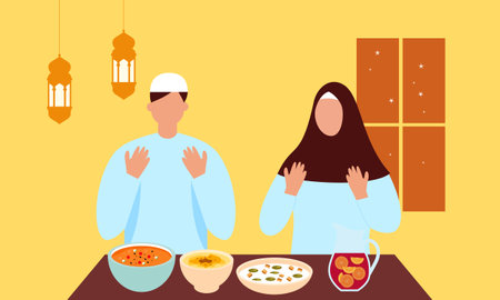 Iftar party with family during ramadan, meal with muslim family, ramadan fasting illustrationのイラスト素材