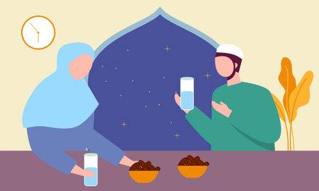 Iftar party with family during ramadan, meal with muslim family, ramadan fasting illustrationのイラスト素材