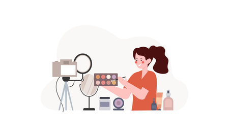 Beauty blogger recording makeup tutorial video for her vlog illustrationのイラスト素材