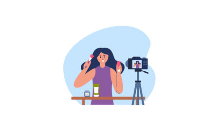 Beauty blogger recording makeup tutorial video for her vlog illustrationのイラスト素材