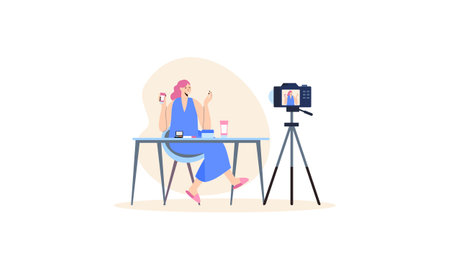 Beauty blogger recording makeup tutorial video for her vlog illustrationのイラスト素材