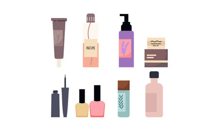 Set of organic cosmetics and makeup items in bottles, tubes and jarsのイラスト素材