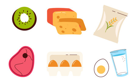 Set of groceries healthy food illustration. Bread, flour, dairy products, olive oil and butter colleのイラスト素材