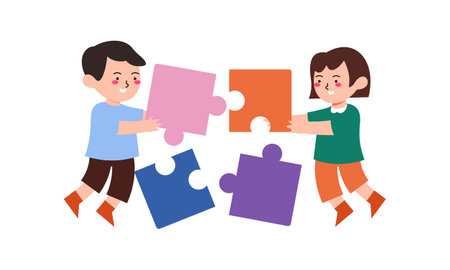 Happy cute little kid boy and girl play together for make a big puzzle illustrationのイラスト素材