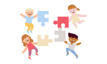 Happy cute little kid boy and girl play together for make a big puzzle illustrationのイラスト素材