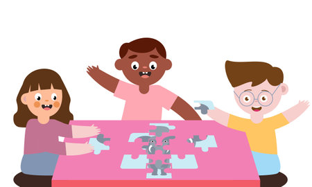 Happy cute little kid boy and girl play together for make a big puzzle illustrationのイラスト素材