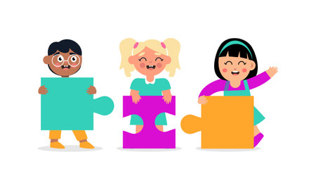Happy cute little kid boy and girl play together for make a big puzzle illustrationのイラスト素材