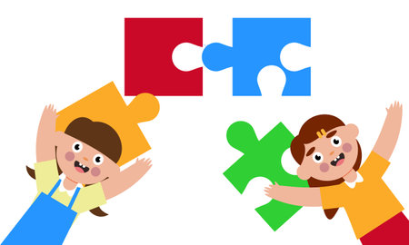 Happy cute little kid boy and girl play together for make a big puzzle illustrationのイラスト素材