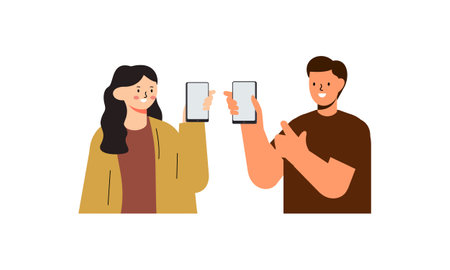 Happy people showing mobile phone screens illustrationのイラスト素材