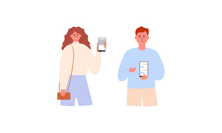 Happy people showing mobile phone screens illustrationのイラスト素材