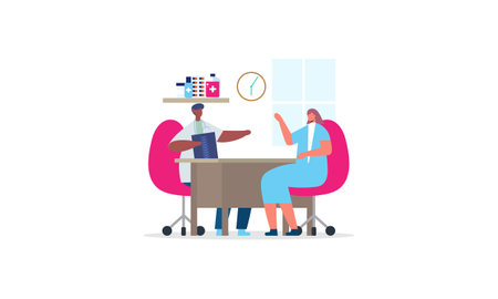 Patient having consultation about disease symptoms with doctor therapist in hospital illustrationのイラスト素材