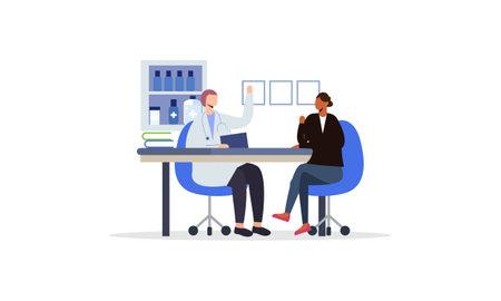 Patient having consultation about disease symptoms with doctor therapist in hospital illustrationのイラスト素材