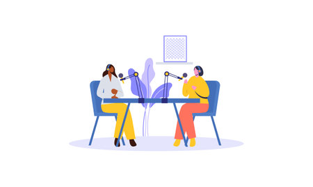 Podcast concept. Illustration about podcasting. Podcaster speaking in microphone illustrationのイラスト素材