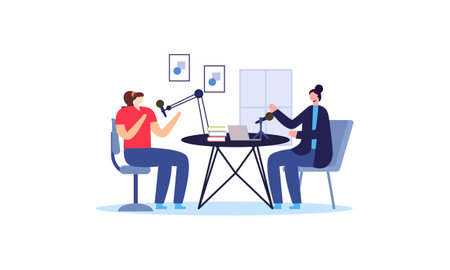 Podcast concept. Illustration about podcasting. Podcaster speaking in microphone illustrationのイラスト素材