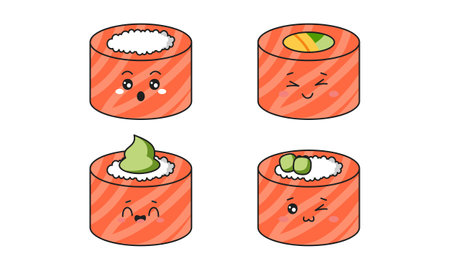Various kawaii Sushi, rolls, nigiri. Japanese cartoon styleのイラスト素材