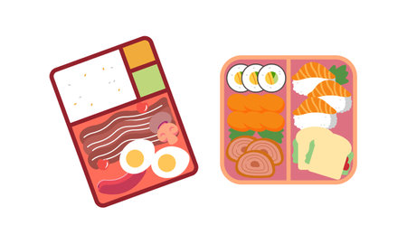 Bento box logo. Japanese lunch box. Various traditional asian food cartoon styleのイラスト素材