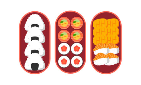 Bento box. Japanese lunch box. Various traditional asian food cartoon styleのイラスト素材