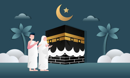 Islamic pilgrimage praying for hajj mabroor illustrationのイラスト素材