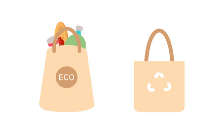 Set of grocery brown bags with eco organic food concept designのイラスト素材