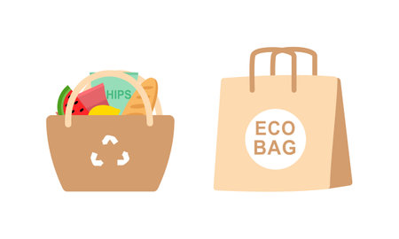 Set of grocery brown bags with eco organic food concept designのイラスト素材