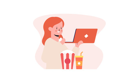 Computer screen with movie lover with popcorn illustrationのイラスト素材