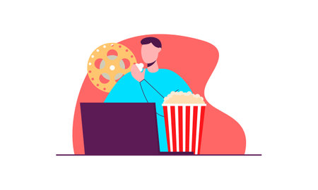 Computer screen with movie lover with popcorn illustrationのイラスト素材