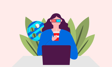 Computer screen with movie lover with popcorn illustrationのイラスト素材