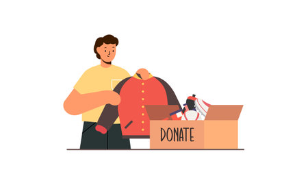 Donation and charity concept sorting donated toys into boxes for poor children illustrationのイラスト素材