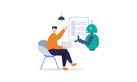 Generative AI robot work in office with people illustrationのイラスト素材