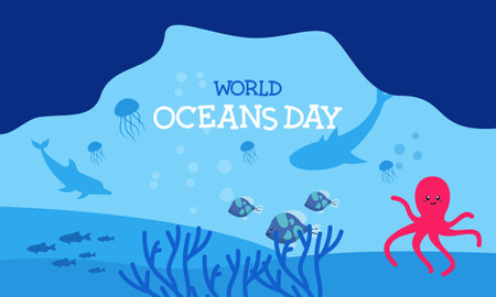 World ocean day cartoon illustration with underwater scenery dedicatedのイラスト素材