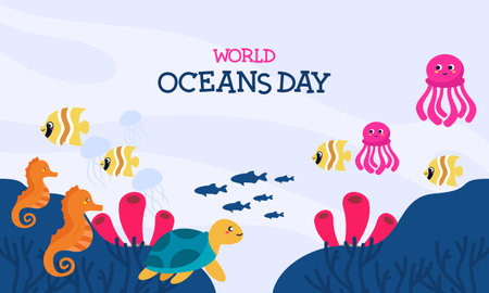 World ocean day cartoon illustration with underwater scenery dedicatedのイラスト素材