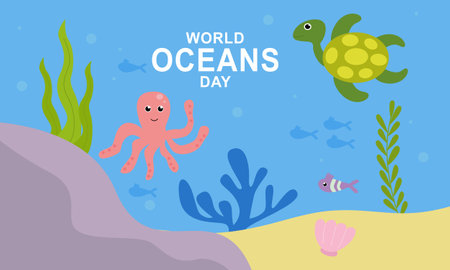World ocean day cartoon illustration with underwater scenery dedicatedのイラスト素材