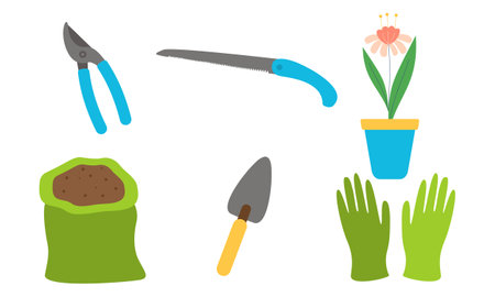 Collection of garden tools and plants gardening logoのイラスト素材