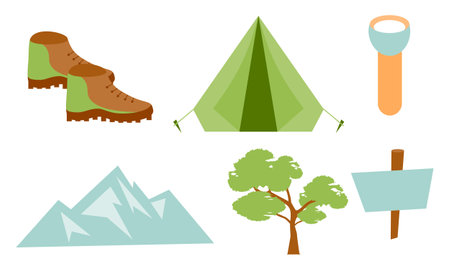 Cartoon camping and hiking equipment  tent and forest nature camp logoのイラスト素材