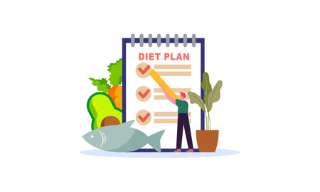 Diet plan checklist illustration. People doing exercise, training and planning diet with fruit and vのイラスト素材