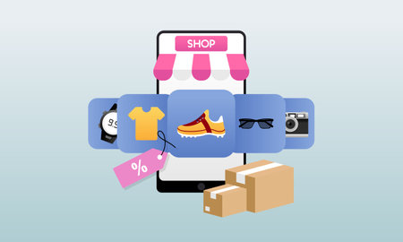 Smartphone with shop app. Shopping online on website in mobile applicationのイラスト素材